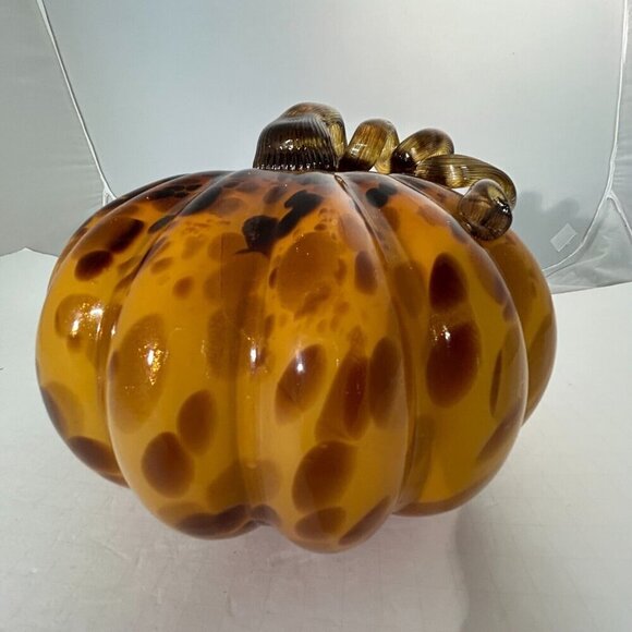 Hand Blown Orange Brown Glass Pumpkin Long Stem Autumn 9" X 7" Thanksgiving - Picture 2 of 13